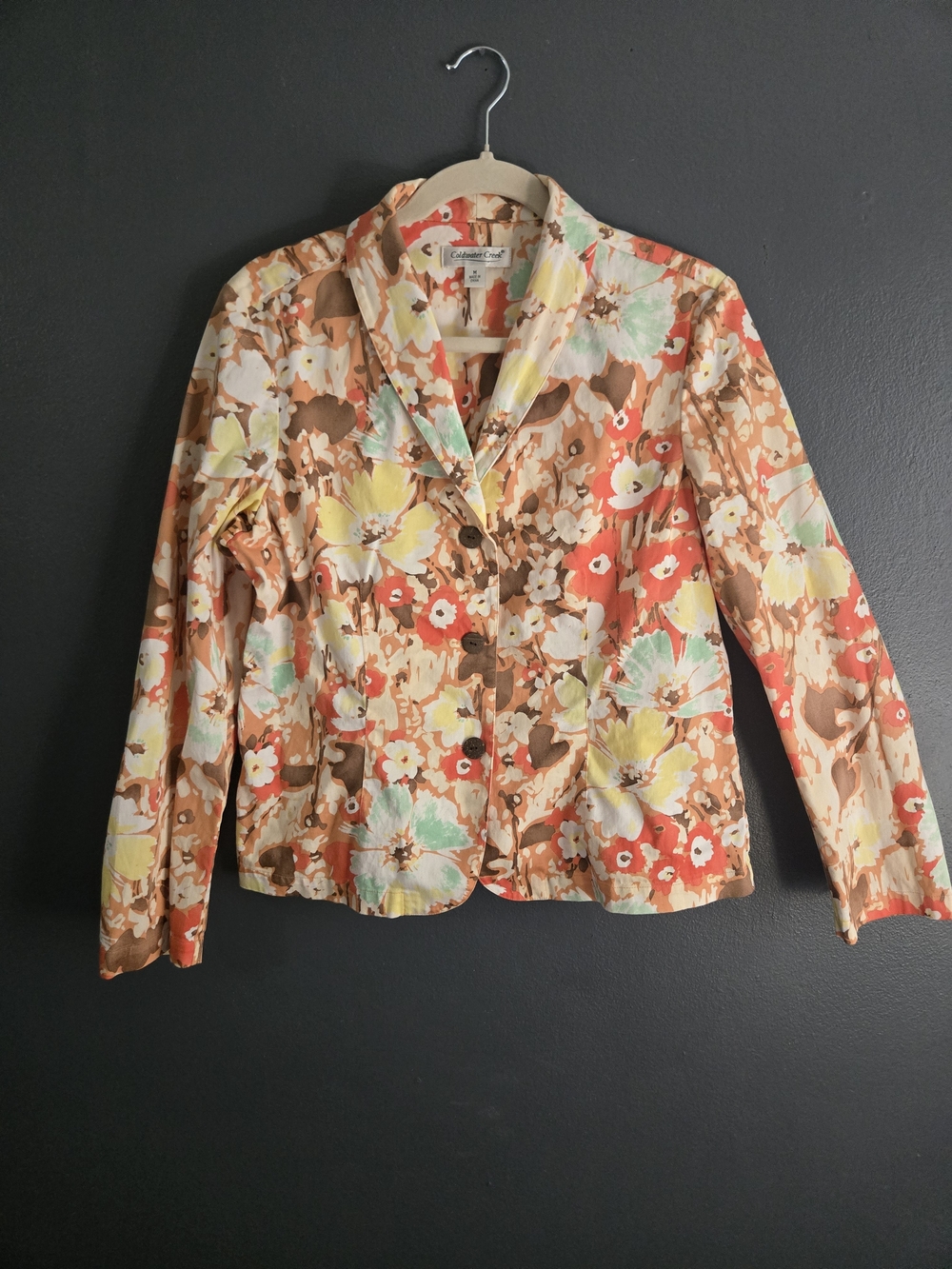 Coldwater Creek Orange Floral Retro Inspired Cotton Blazer Jacket Medium